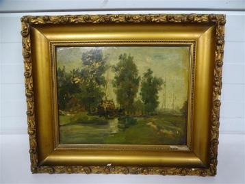 A6787. Schilderij van aangemeerde boot in vergulde lijst beschikbaar voor biedingen