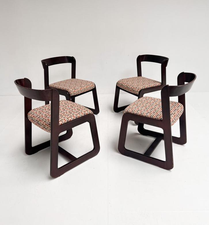 Set van 4 opnieuw gestoffeerde Willy Rizzo stoelen, 1960's, Huis en Inrichting, Stoelen, Gebruikt, Vier, Hout, Stof, Overige kleuren