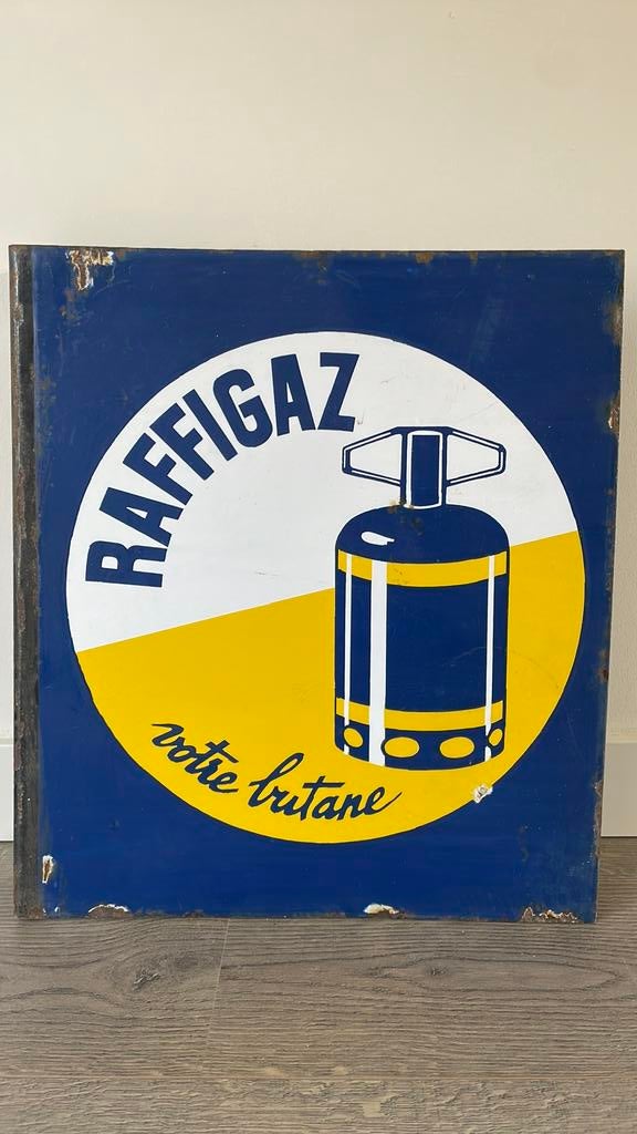 Vintage antiek emaille dubbelzijdig uithangbord Raffigaz, Ophalen of Verzenden