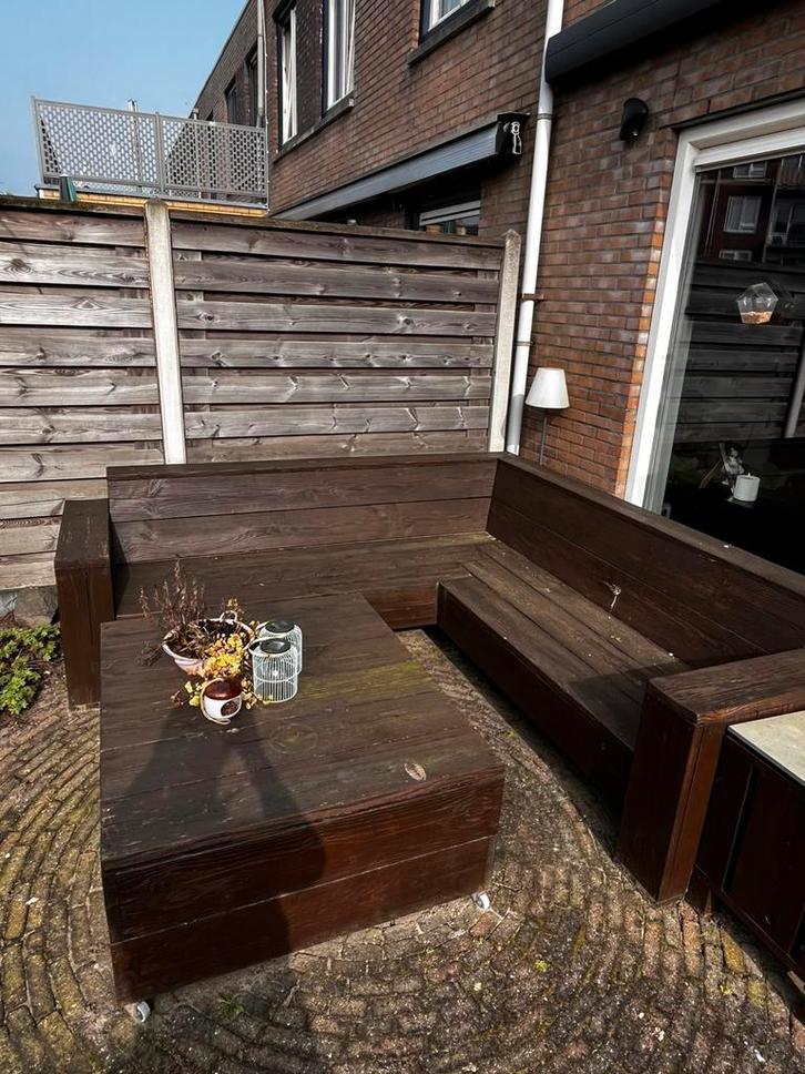 Gratis degelijke douglas hoekbank!!, Tuin en Terras, Tuinsets en Loungesets, Gebruikt, Loungeset, Hardhout, 5 zitplaatsen, Bank