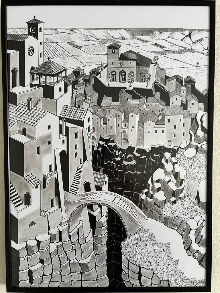 A3 formaat originele inkttekening Escher stijl, Ophalen of Verzenden