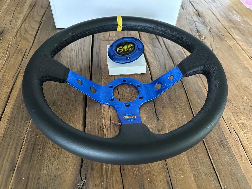 QSP 350mm 90mm leder blauw sportstuur autostuur stuur, Ophalen of Verzenden