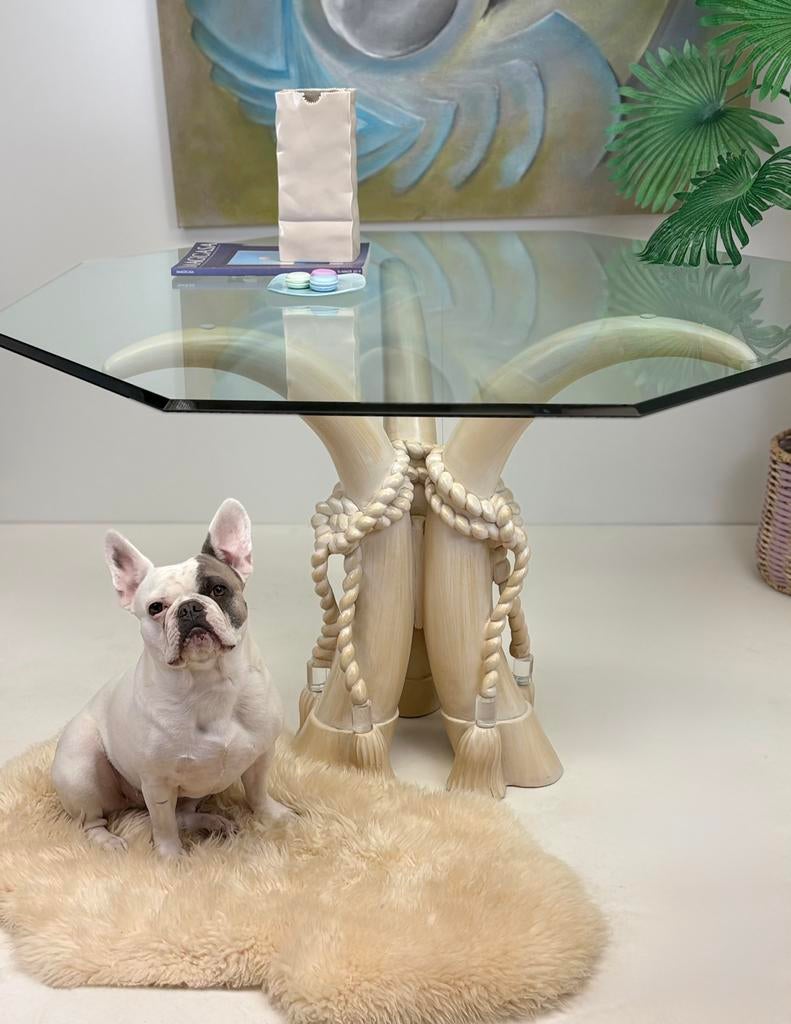 Italiaans design Sergio Longoni vintage eettafel glazen blad, Ophalen, ., Vijf personen of meer, Sergio Longoni