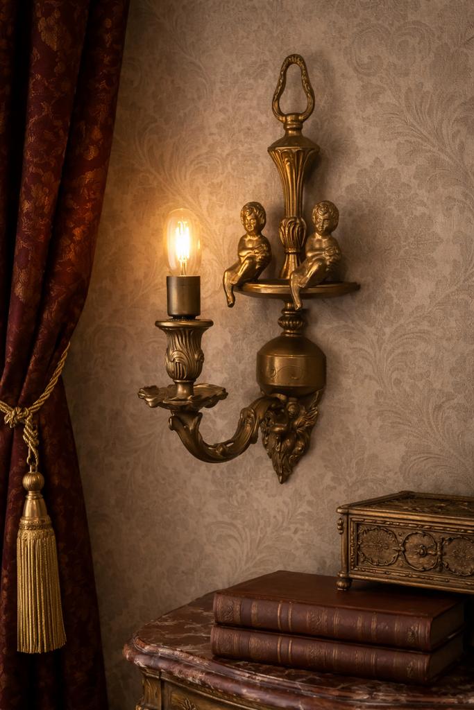 Antieke Bronzen Wandkandelaar Napoleon III Stijl Putti, Antiek en Kunst, Ophalen of Verzenden