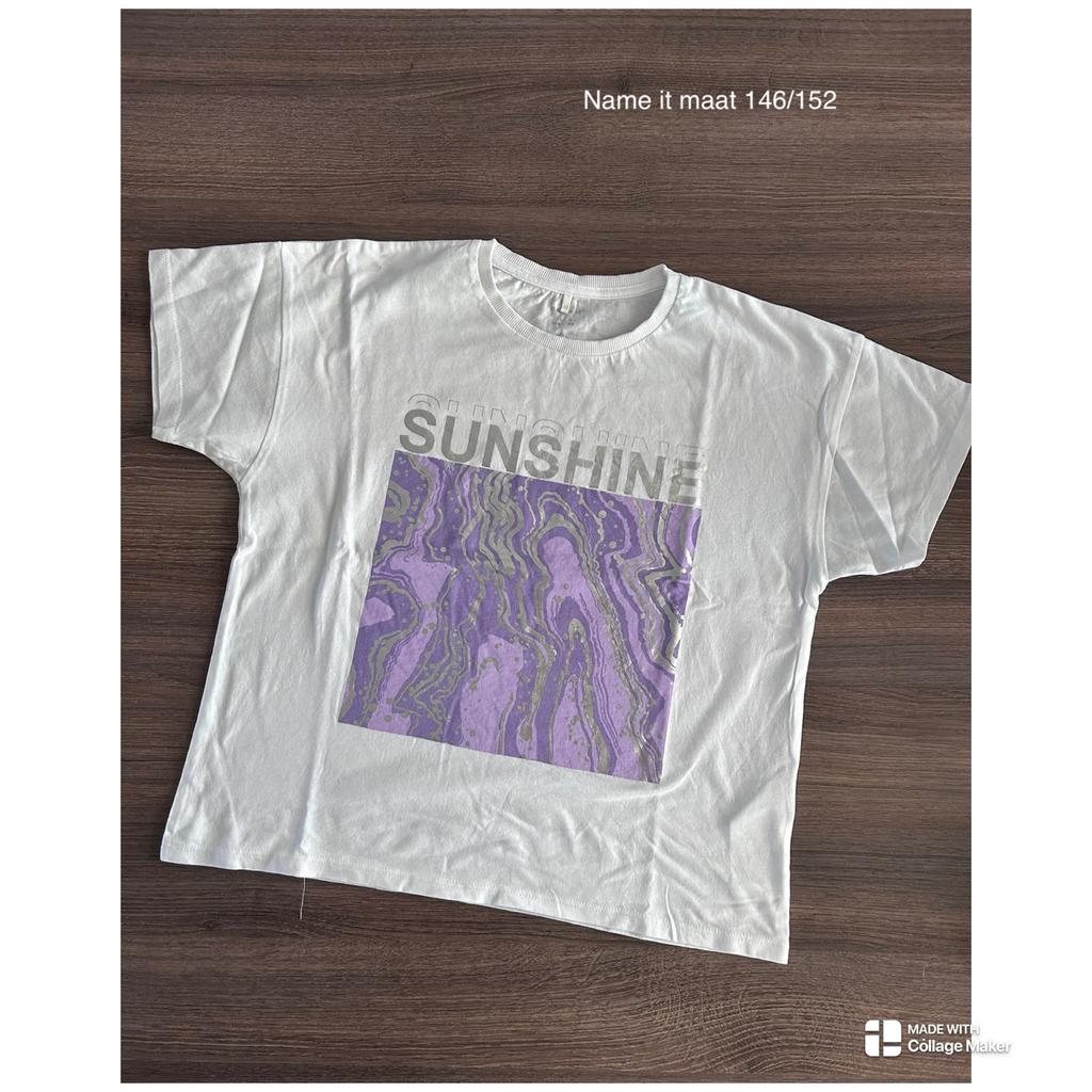 Name It T-shirt Maat 146/152 Wit met Paarse Print, Kinderen en Baby's, Kinderkleding | Maat 146, Ophalen of Verzenden, Zo goed als nieuw