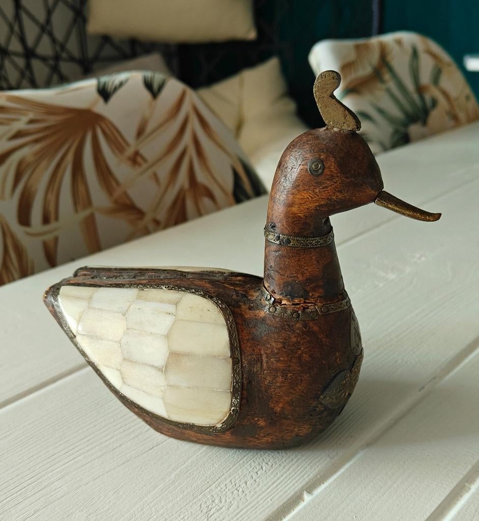 Vintage Indiase Houten Eend Handgesneden met Been & Messing, Houtsnijwerk, Handgemaakt, Minder dan 20 cm, Art deco