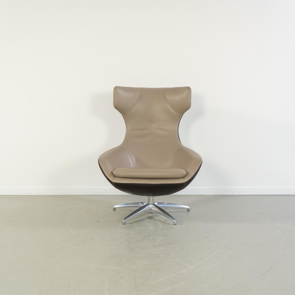 1 Leolux Caruzzo Fauteuil + Hocker Bruin/Mokka Leer - Chroom, Niet ingevuld, Gebruikt, Niet ingevuld, 75 tot 100 cm