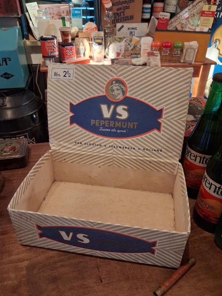 Doosje toonbank Van Slooten Pepermunt Leeuwarden, Ophalen of Verzenden, Gebruikt, Reclamebord