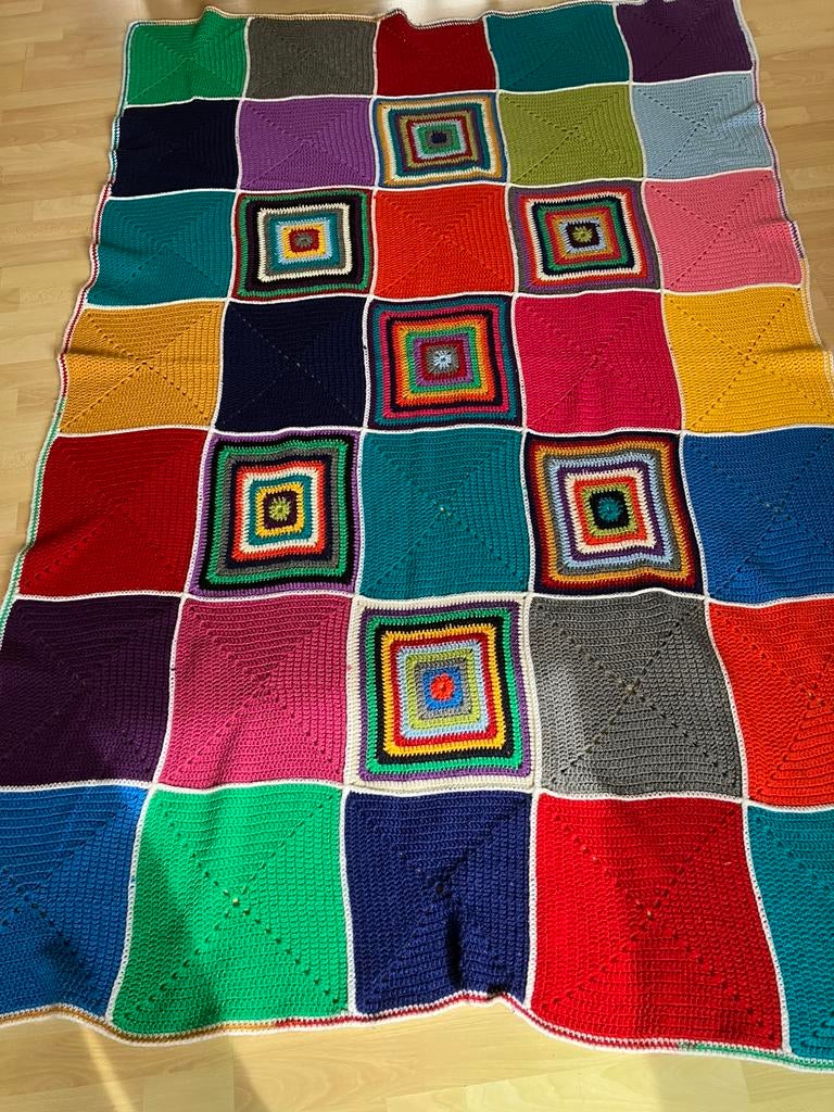 Handgehaakte kleurige plaid/deken/sprei hippie/boho style, Ophalen of Verzenden, Gebruikt