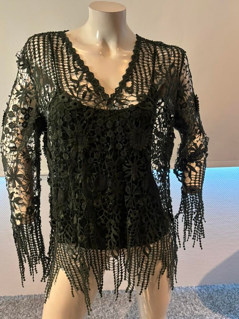 Elie tahari 2 delig donkergroen top met kanten top maat m, Kleding | Dames, Maat 38/40 (M), Ophalen of Verzenden, Zo goed als nieuw