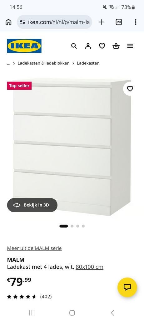 Ladekast MALM van Ikea GRATIS AFHALEN, Ophalen, 50 tot 100 cm, 3 of 4 laden, Minder dan 100 cm