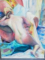 Wat een kleurenpracht, dame op doek geschilderd 100x80cm, Ophalen, Oorspronkelijke maker, Zo goed als nieuw, Schilderij