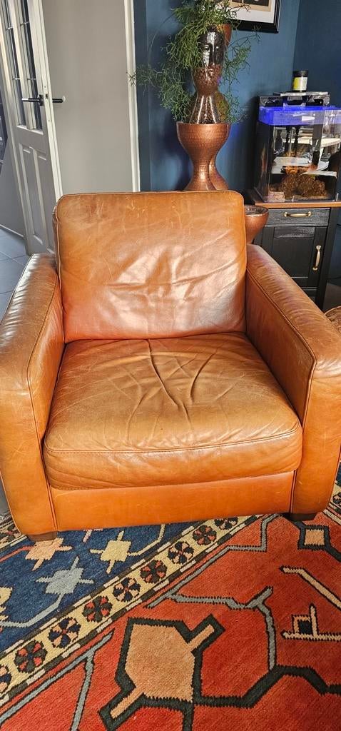 Cognac lederen fauteuil - Ideaal voor mancave!, Huis en Inrichting, Fauteuils, Ophalen, Gebruikt, Vintage, Robuust, 75 tot 100 cm
