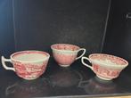 Drie antieke kopjes met rode print Engels, Ophalen of Verzenden