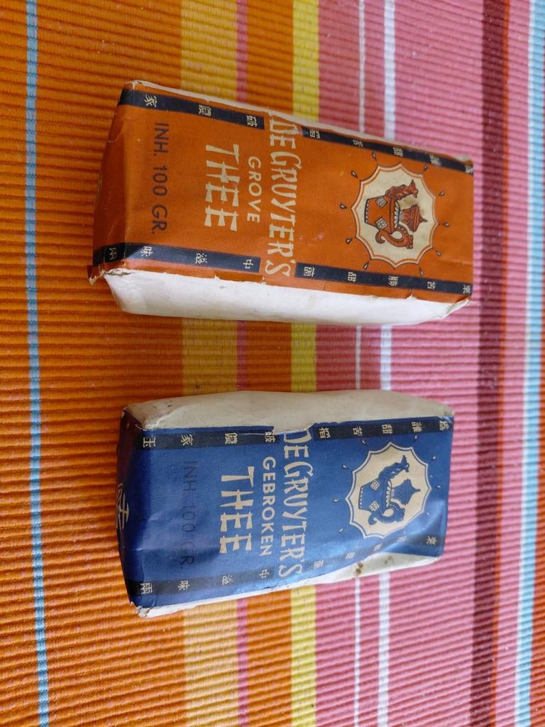 Oude De Gruyter's theepakjes: Grove Thee en Gebroken Thee, Verzamelen, Ophalen of Verzenden, Gebruikt, Verpakking