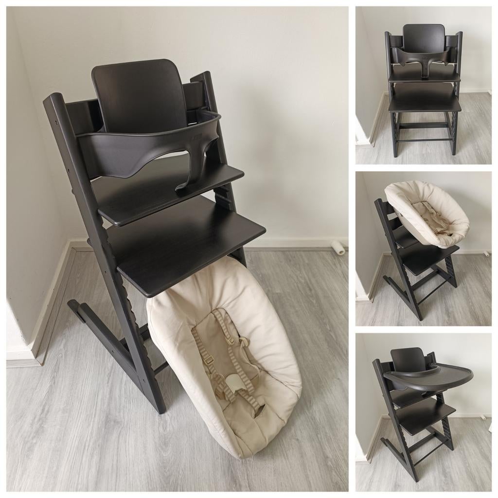 ZGAN!Stokke Tripp Trapp zwart+babyset, newbornset evt. tray, Kinderen en Baby's, Kinderstoelen, Ophalen of Verzenden, Zo goed als nieuw
