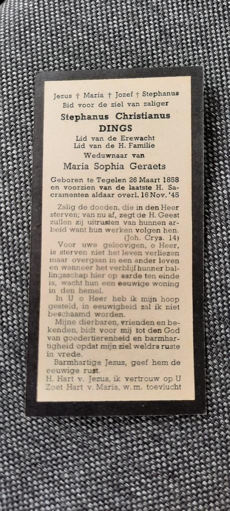 Bidprentje Stephanus Christianus Dings Tegelen, Verzenden