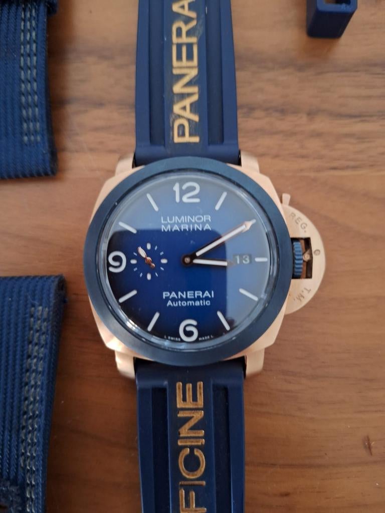 Panerai Luminor Marina Automatic Roségoud Blauw, Overige merken, Polshorloge, Kunststof, Ophalen of Verzenden