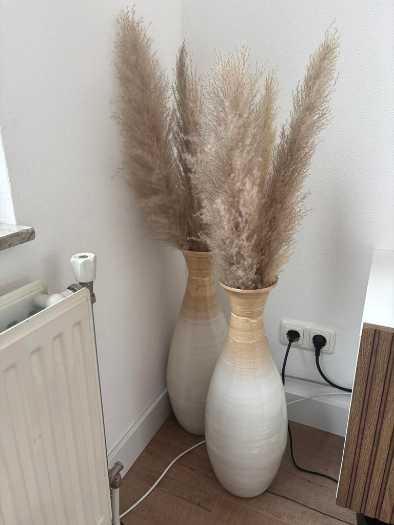 2 bamboe vazen met beige pluimen, Ophalen, Zo goed als nieuw