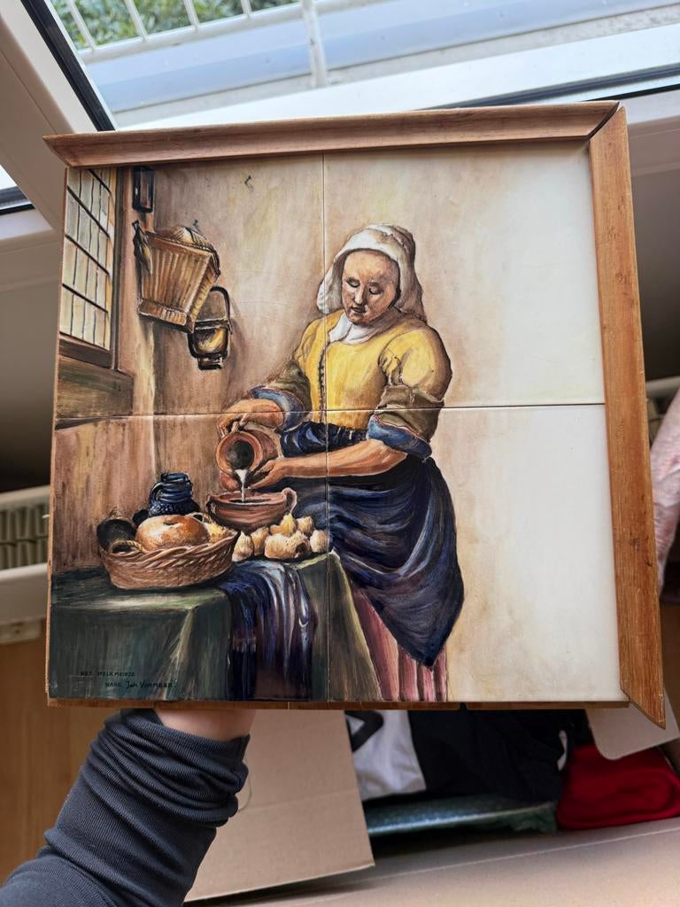 Handgeschilderd Melkmeisje Tegeltableau - Vermeer, Ophalen of Verzenden