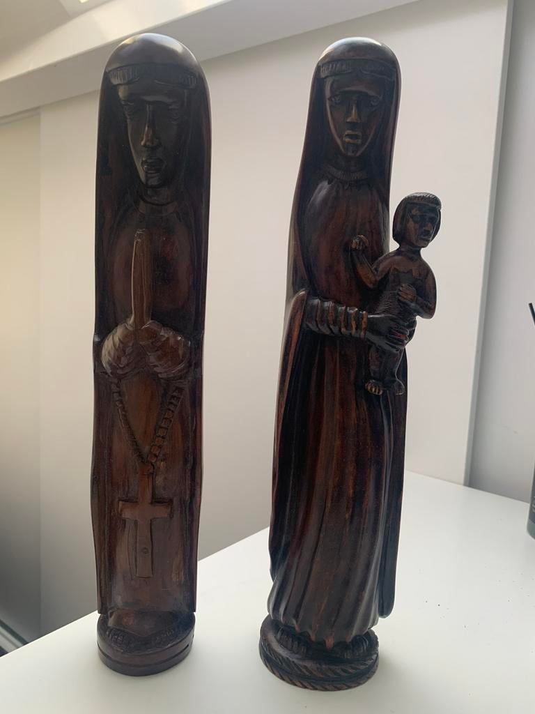 Vintage houten beeld Maria met kind handgesneden set van 2, Antiek en Kunst, Kunst | Beelden en Houtsnijwerken, Ophalen of Verzenden