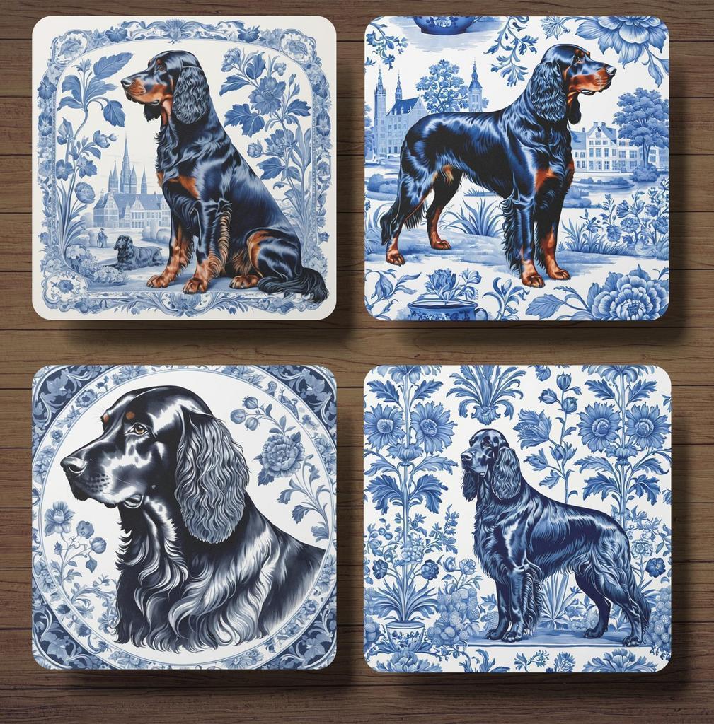 Gordon Setter Delfts Blauw onderzetters met houder, Ophalen of Verzenden, Nieuw, Glas of Kopje