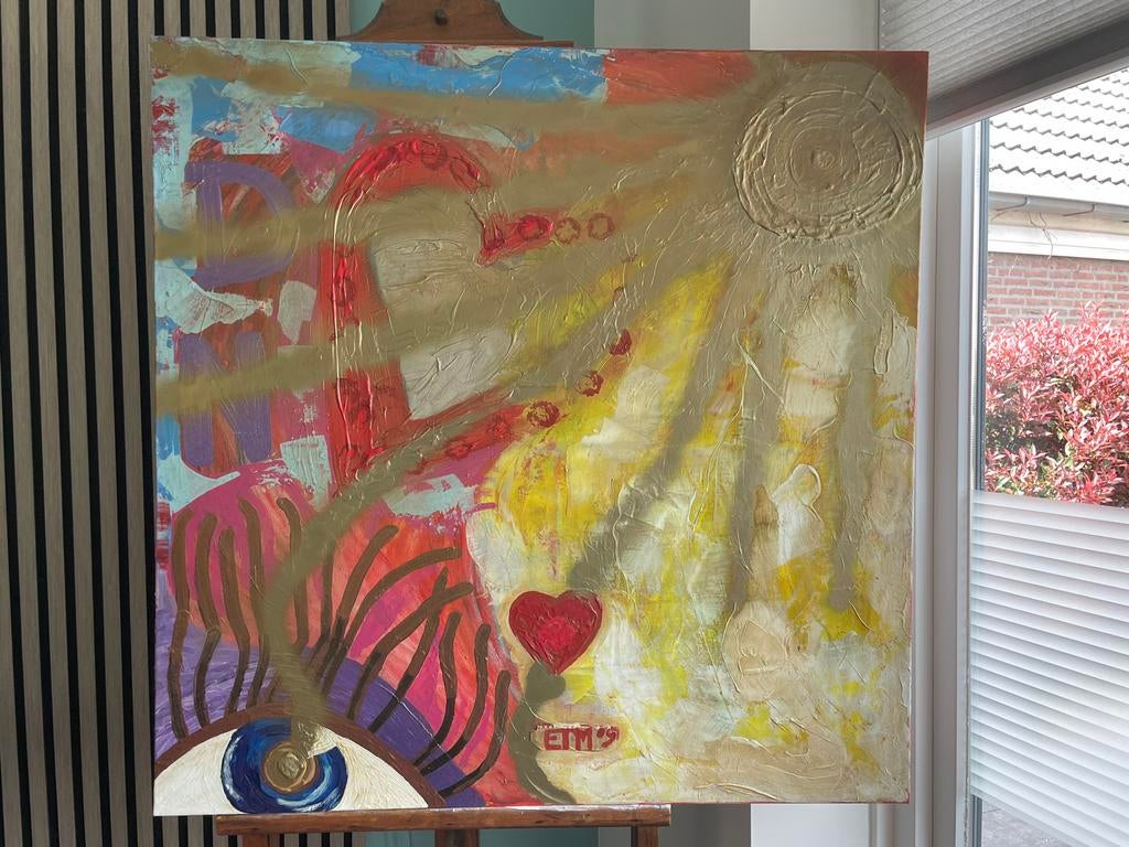 Abstract Schilderij met Oog, Hart en Zon, Ophalen of Verzenden