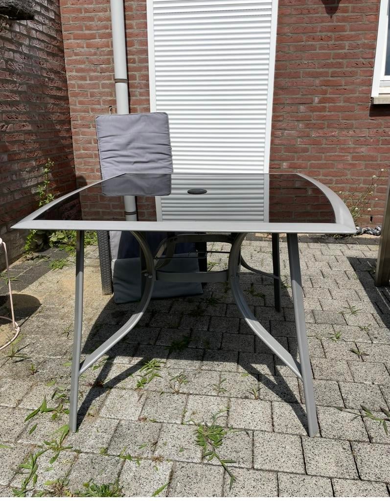 Tuintafel chroom donker glasplaat, met ring voor parasol, Ophalen, Vierkant, Aluminium