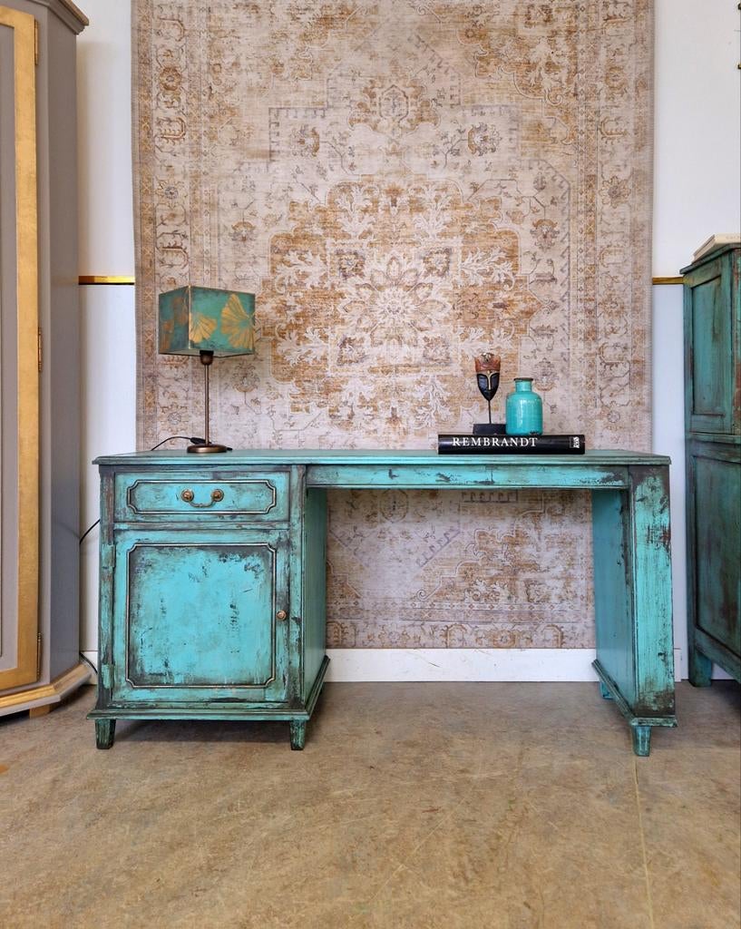 India Ibiza vintage look bureau/ Turquoise blauw desk, Ophalen, Donyavimin@gmail.com, Mina Donyavi Meubels, Zo goed als nieuw