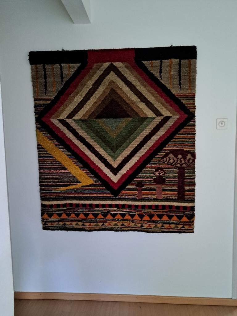 Groot vintage handgemaakt wandkleed – jaren 60/70 –140 x 122, Ophalen, Gebruikt, Zwart, Etnisch, Vintage, Geometrisch