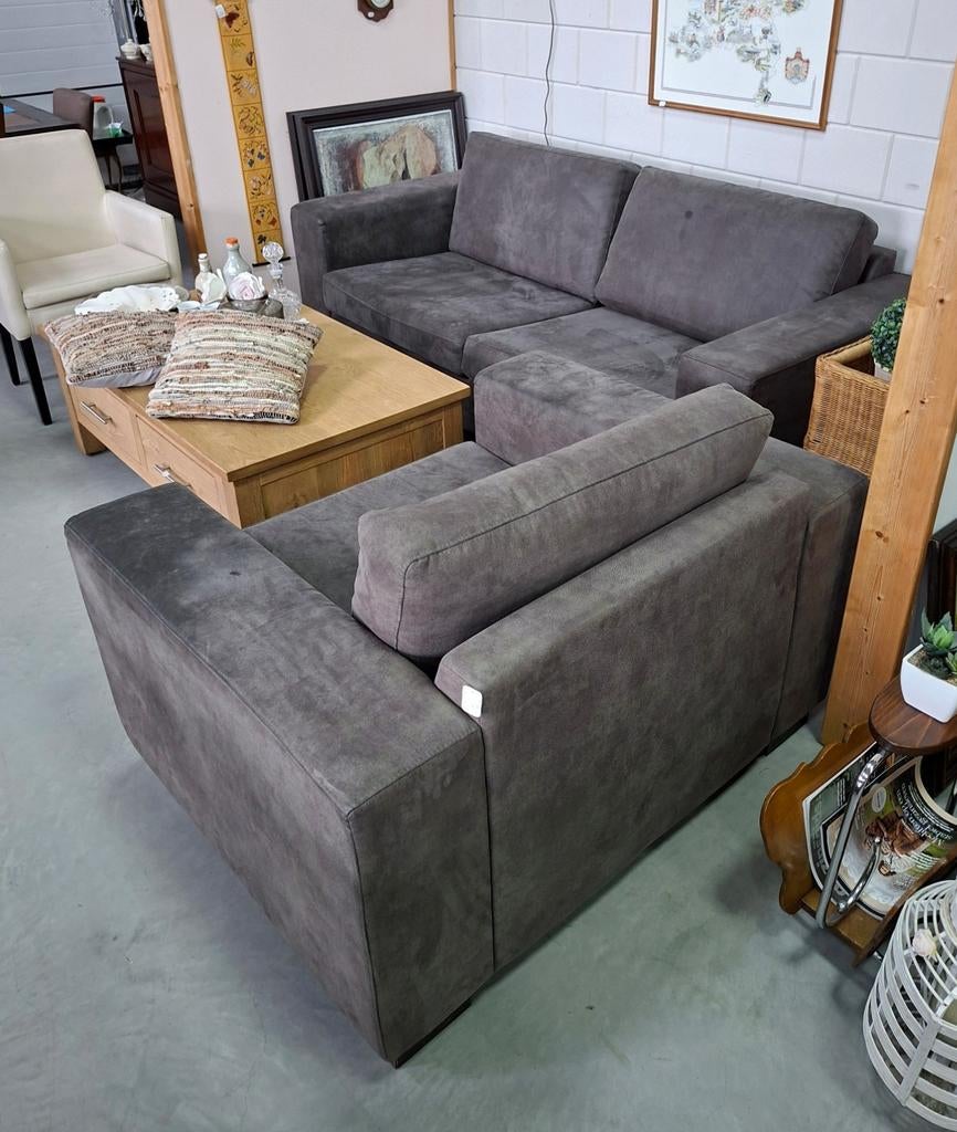 Leren bank | 220cm breed |+ fauteuil | 122 cm breed |, Ophalen, Gebruikt, Rechte bank, Modern