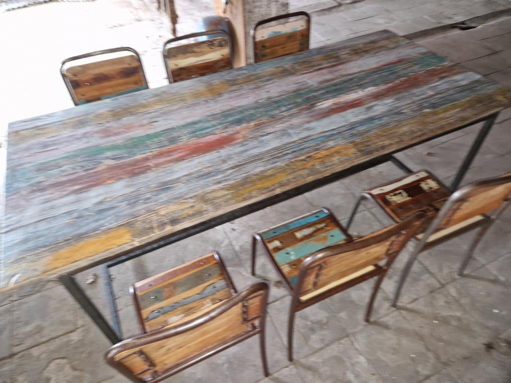 Industriële eettafel met stoelen, Huis en Inrichting, Ophalen, Rechthoekig, 50 tot 100 cm