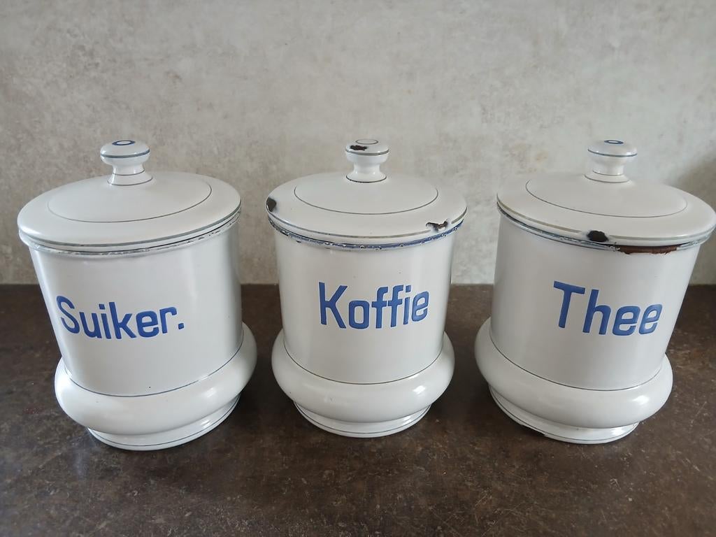 Vintage emaille potten voor suiker, koffie en thee, Ophalen of Verzenden