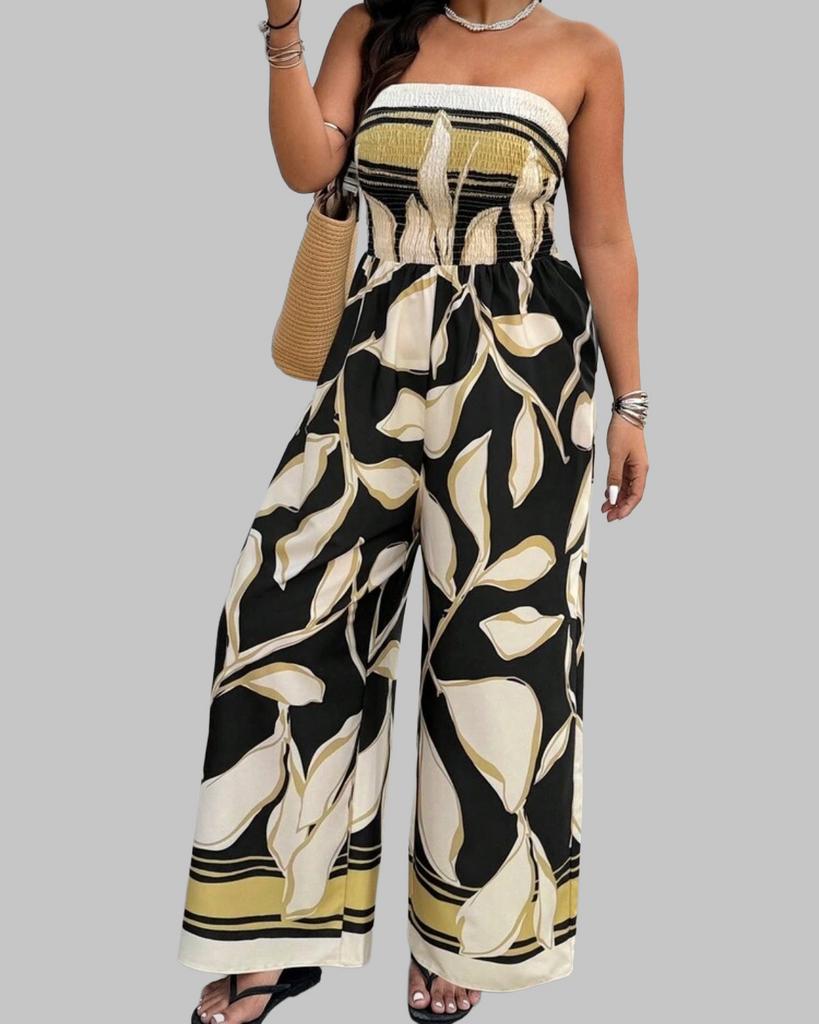 Stijlvolle Strapless Jumpsuit met Bladprint, Kleding | Dames, Grote Maten, Verzenden, Nieuw, Zwart, Broek of Spijkerbroek