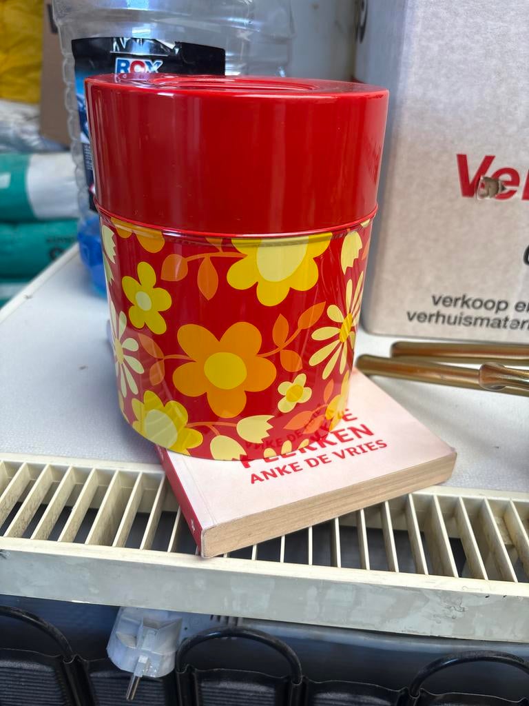 Vintage Rode Voorraadpot met Bloemenpatroon, Gebruikt, G, G, G