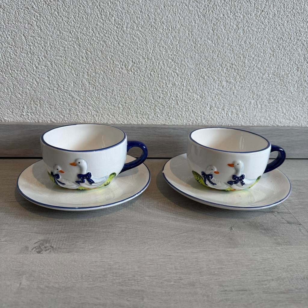 Leuke kop en schotel set met ganzen – 2 stuks, Ophalen of Verzenden