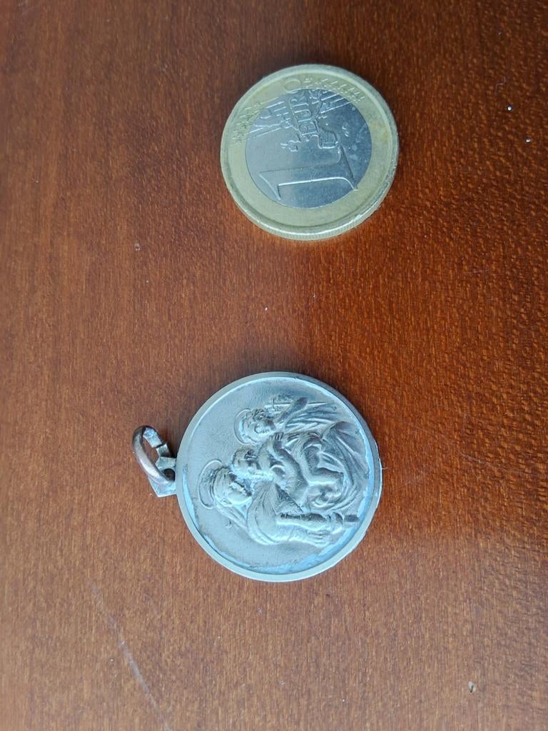 Antieke Franse verzilverde medaille H. Maagd Maria & Kind, Verzamelen, Religie, Ophalen of Verzenden