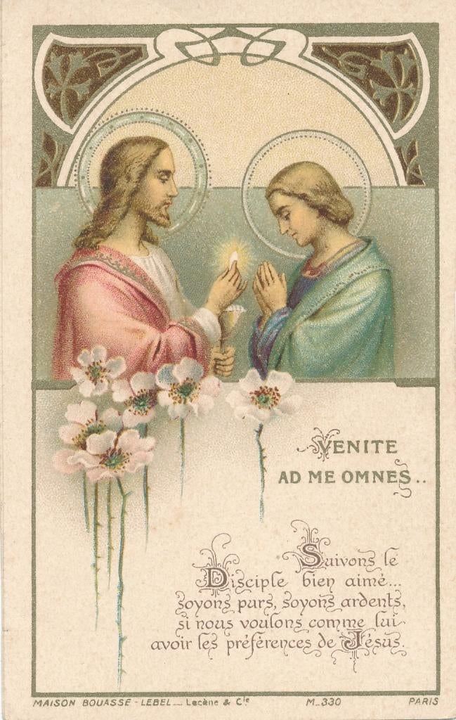 Mooi oud devotieprentje Jezus met communiekant, Ophalen of Verzenden, Zo goed als nieuw, Kaart of Prent, Christendom | Katholiek