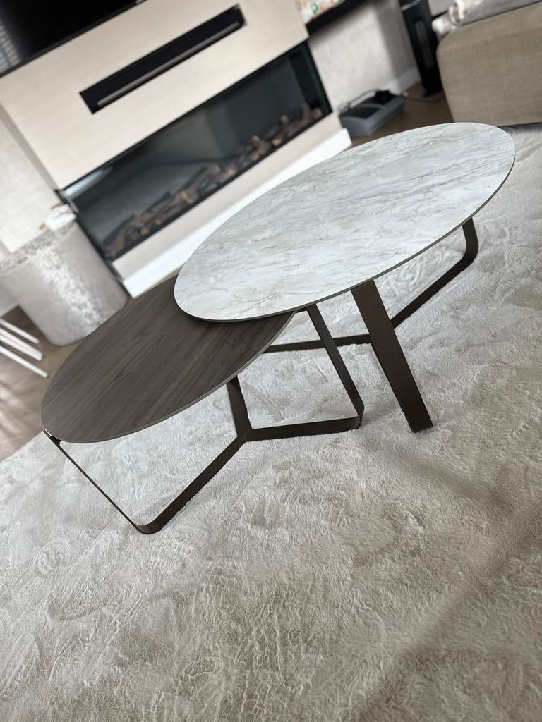 2 Design salon tafels - marmer/chestnut, Huis en Inrichting, Tafels | Salontafels, Ophalen, 50 tot 100 cm, Zo goed als nieuw, Minder dan 50 cm