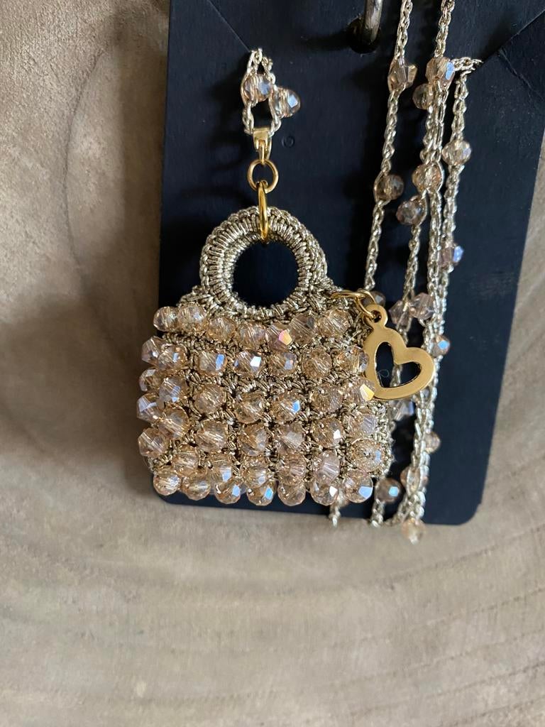 Gehaakte ketting met mini kralen tasje, Ophalen of Verzenden, Zo goed als nieuw, Goud, Overige materialen