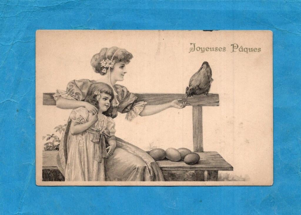Mooie oude art-deco paaskaart P095 - Moeder/kindje/kipje, Verzamelen, Verzenden, Voor 1920, Ongelopen, Overige thema's
