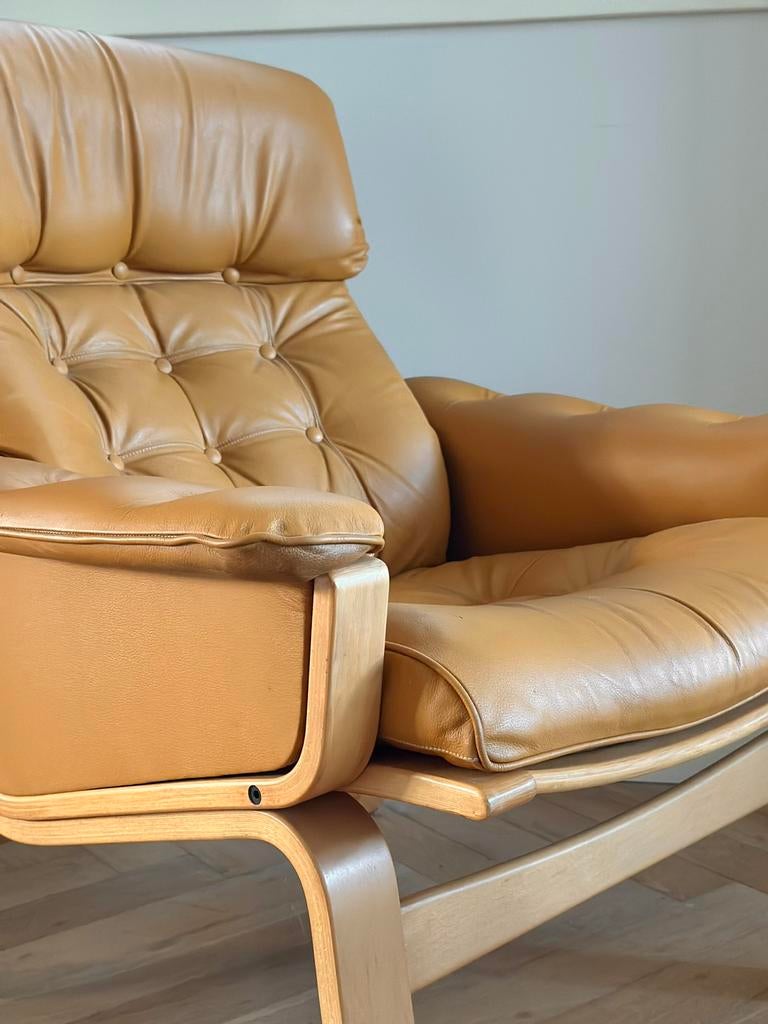 Vintage fauteuil leer hout jaren 50/60/70, Ophalen, Gebruikt, Vintage, 75 tot 100 cm