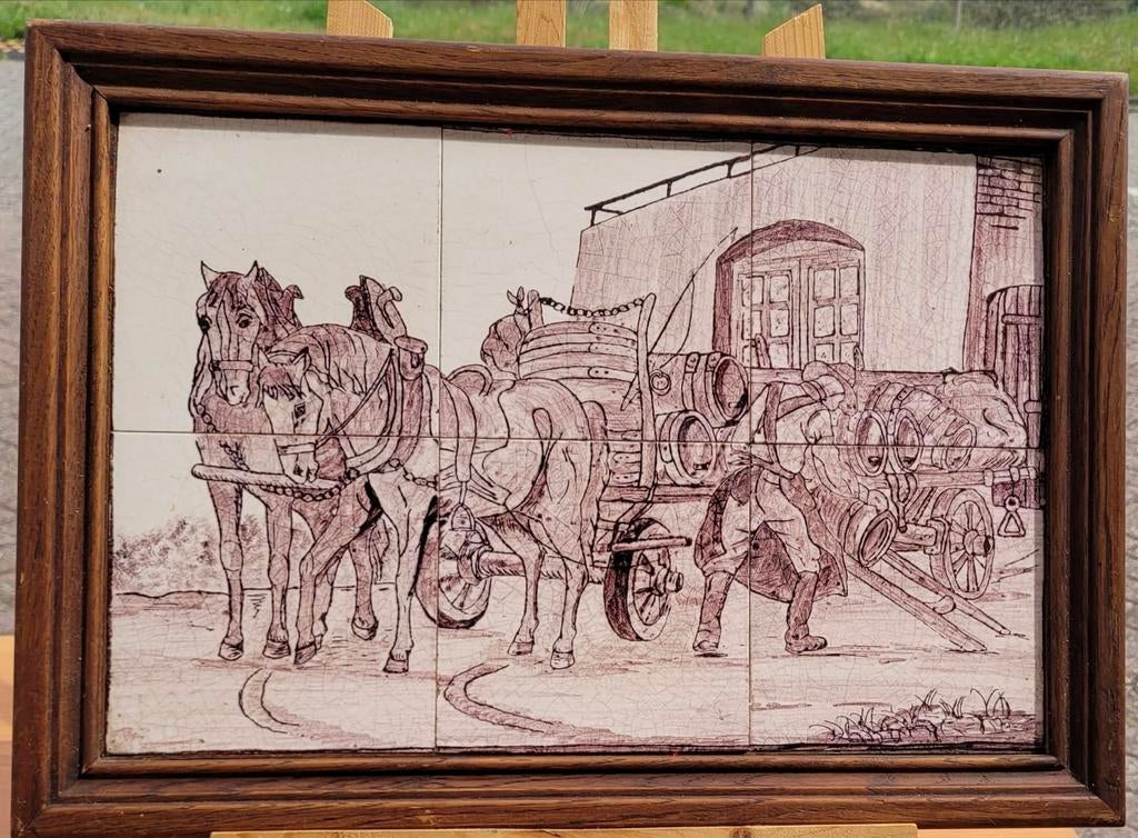 Vintage Tegeltableau met Paarden en Bierwagens, Ophalen of Verzenden