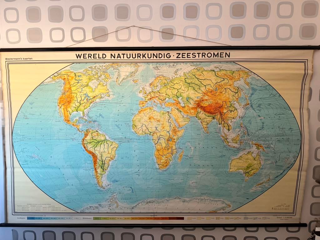 Unieke vintage schoolkaart Wereld Natuurkundige Zeestromen, Ophalen, Aardrijkskunde