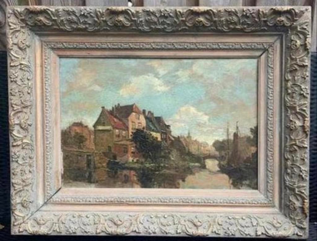 Antiek olieverfschilderij Piet In 't Hout stadsgezicht., Antiek en Kunst, Kunst | Schilderijen | Klassiek, Ophalen