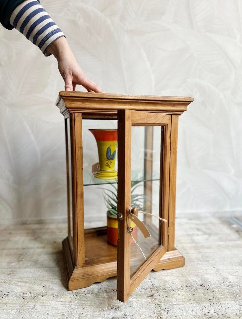 Vintage houten teak vitrine kastje tafelmodel 2 beschikbaar, Ophalen of Verzenden