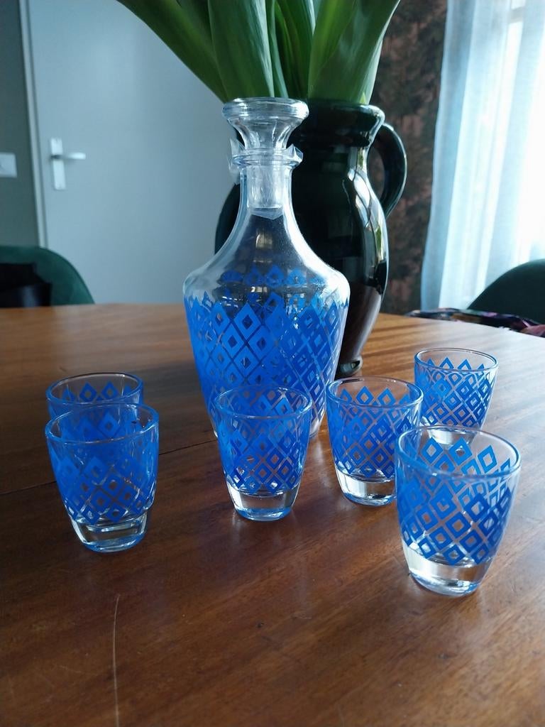 Vintage karaf met 6 borrelglaasjes - Kobaltblauw, Antiek en Kunst, Ophalen of Verzenden