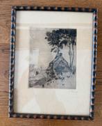 Ingelijste ets van landschap met huisje, gesigneerd A. Frank, Antiek en Kunst, Kunst | Etsen en Gravures, Ophalen of Verzenden
