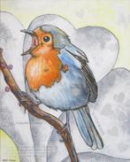 Handgeschilderd schilderij van een fluitend Roodborstje, Antiek en Kunst, Kunst | Schilderijen | Klassiek, Ophalen of Verzenden