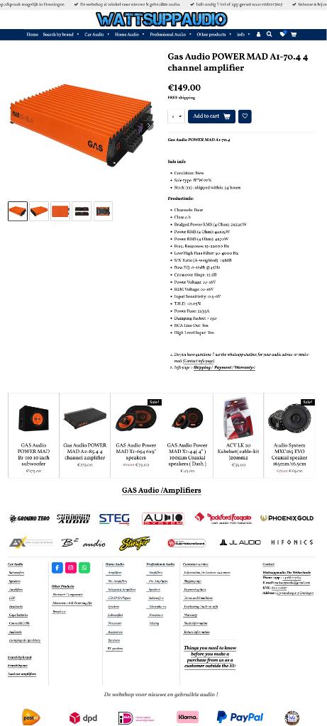 Gas Audio POWER MAD A1-70.4 4 kanaals versterker, Info@optimount.nl, Nieuw, Ophalen of Verzenden, Anholtseweg 48A 7091 HB DINXPERLO